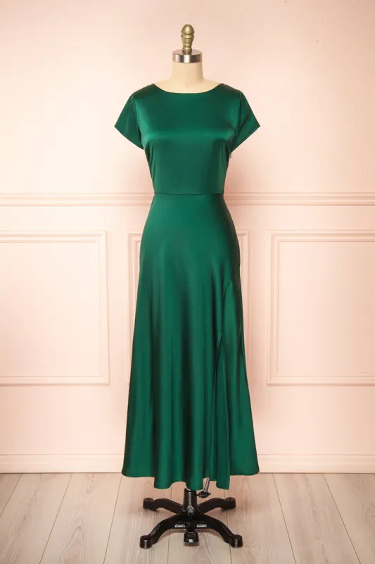 Elyrina Green | Midi Satin Dress w/ Back Opening sold by Boutique 1861