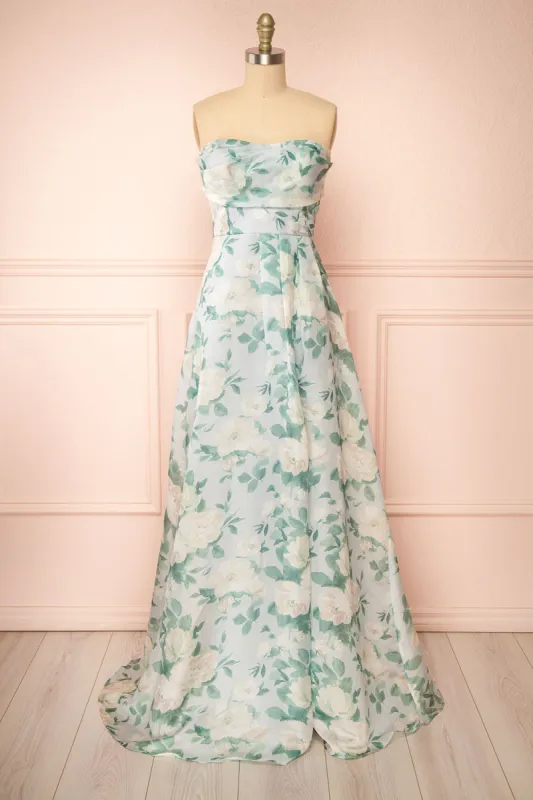 Janine | Light Blue Strapless Floral Maxi Dress sold by Boutique 1861