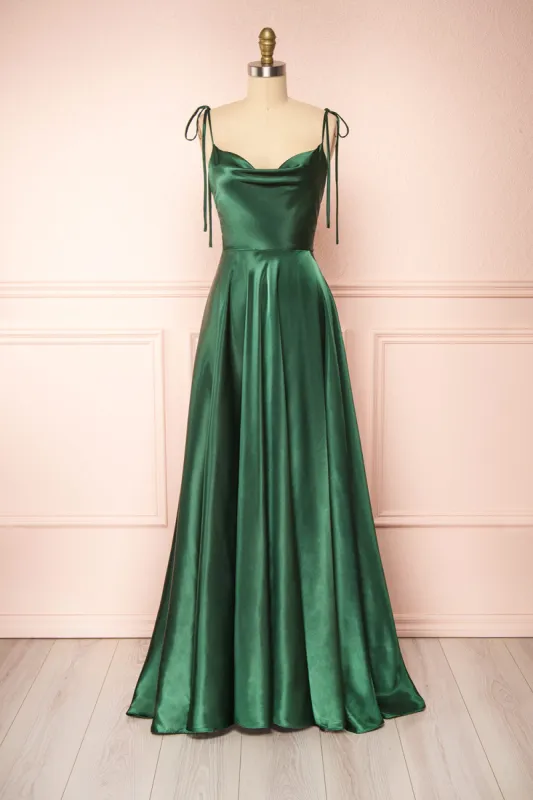 Moira Green | Cowl Neck Satin Maxi Dress w/ High Slit sold by Boutique 1861