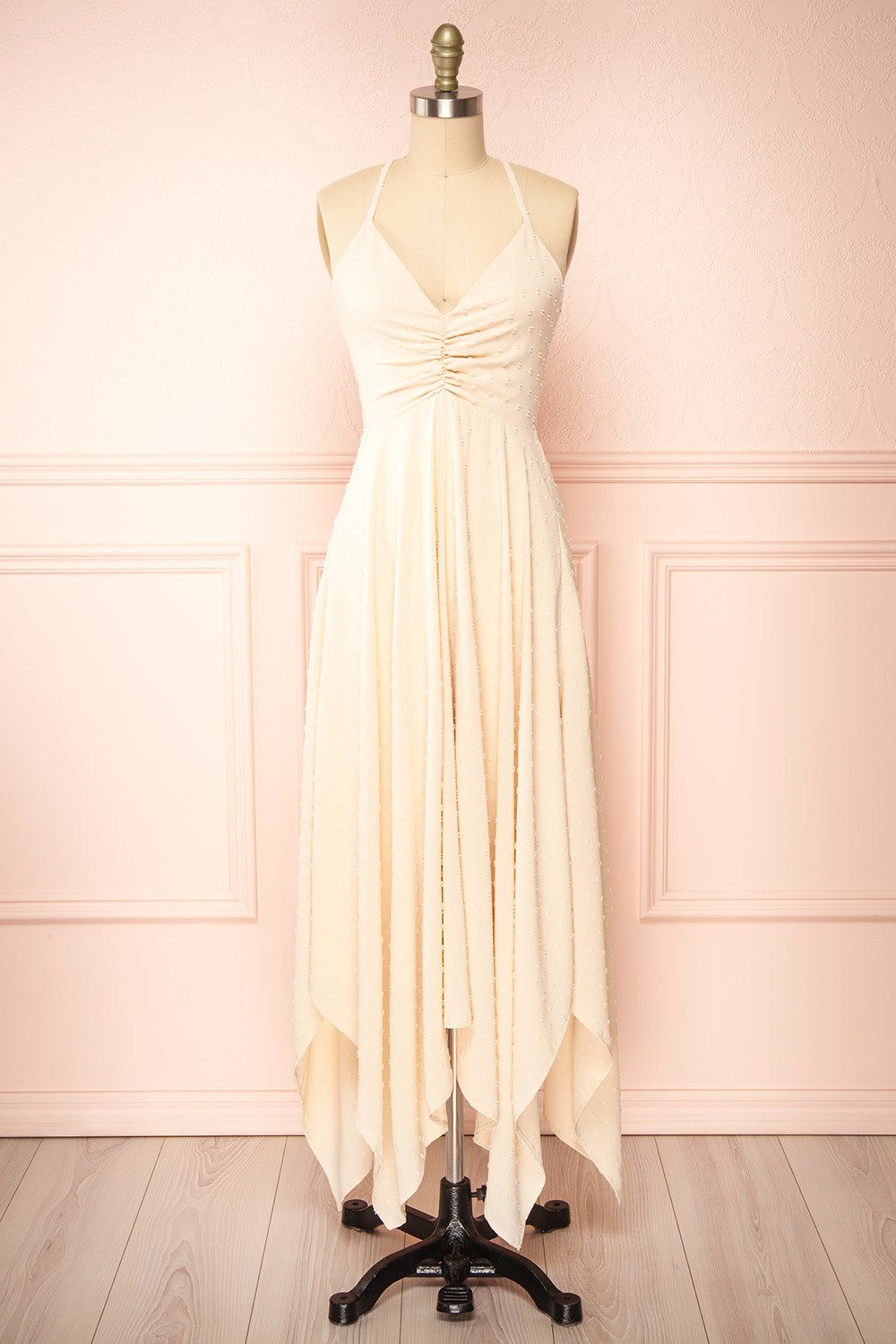 Keila | Asymmetrical Beige Midi Dress sold by Boutique 1861