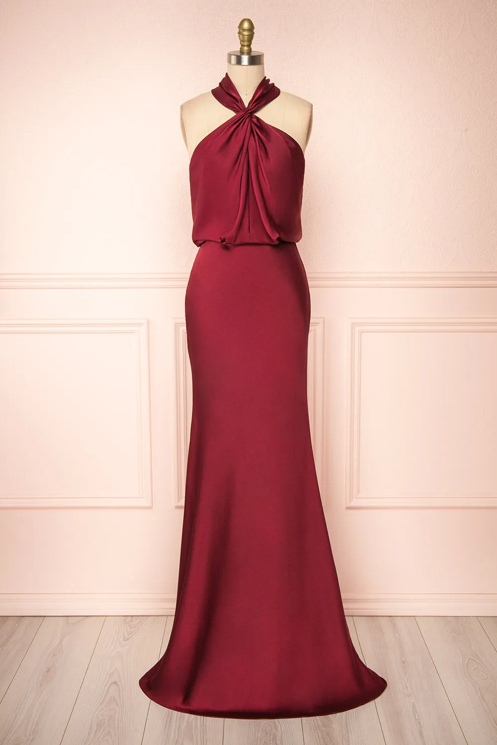 Jinny Burgundy | Satin Halter Maxi Dress sold by Boutique 1861