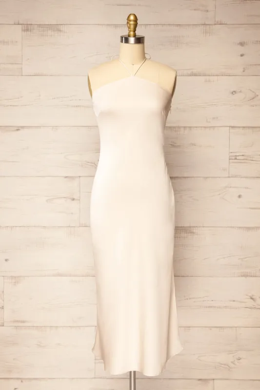 Fladnbury Beige | Satin Midi Halter Dress sold by Boutique 1861