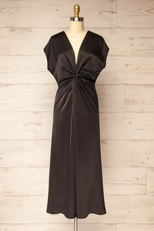 Bossie Black | Long Satin Dress w/ Knot Effect sold by Boutique 1861