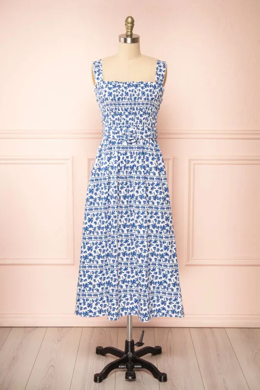 Orbis | Midi Patterned Blue Dress w/ Ruched Bust sold by Boutique 1861