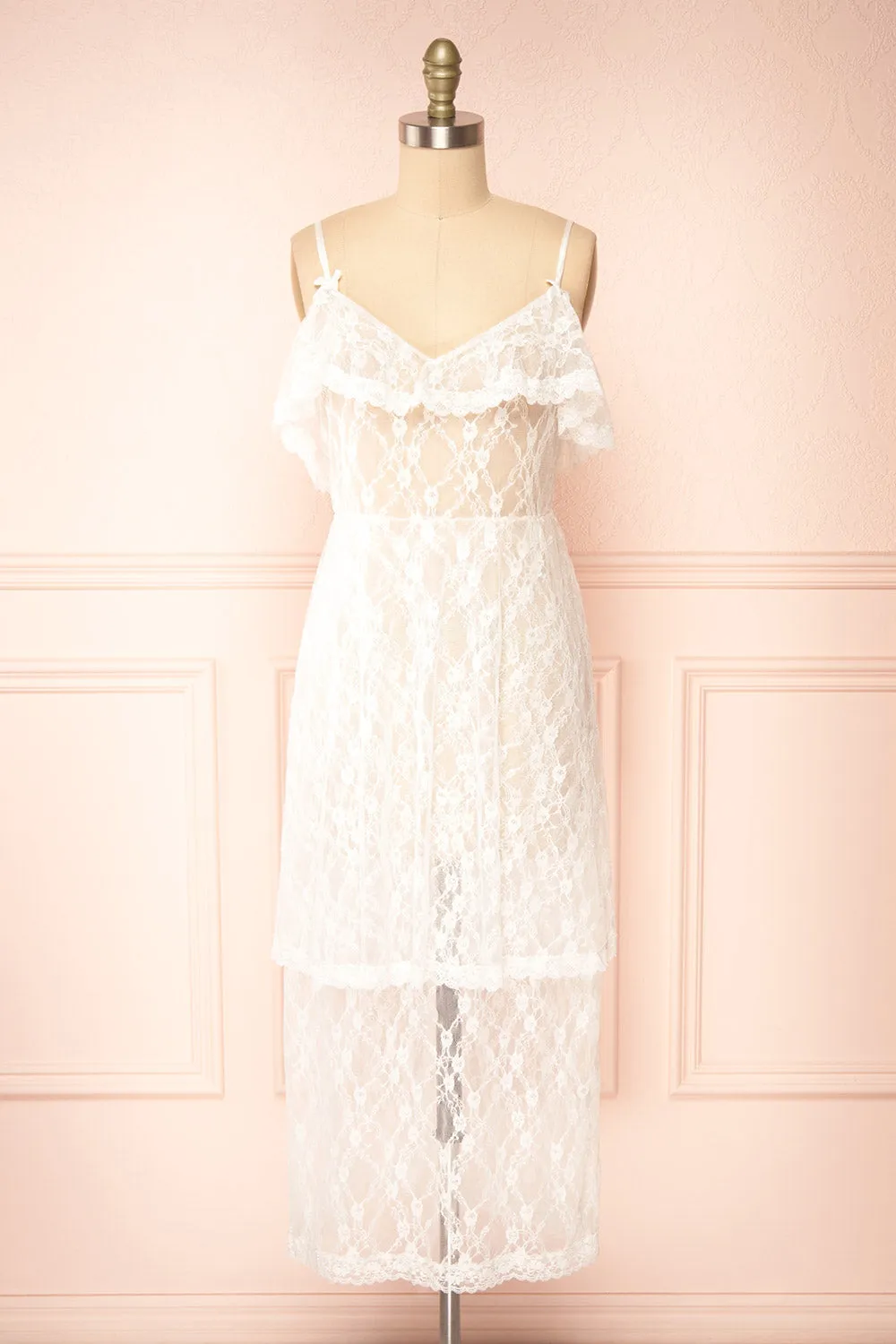 Draconis | White Tiered Lace Slip Midi Dress sold by Boutique 1861