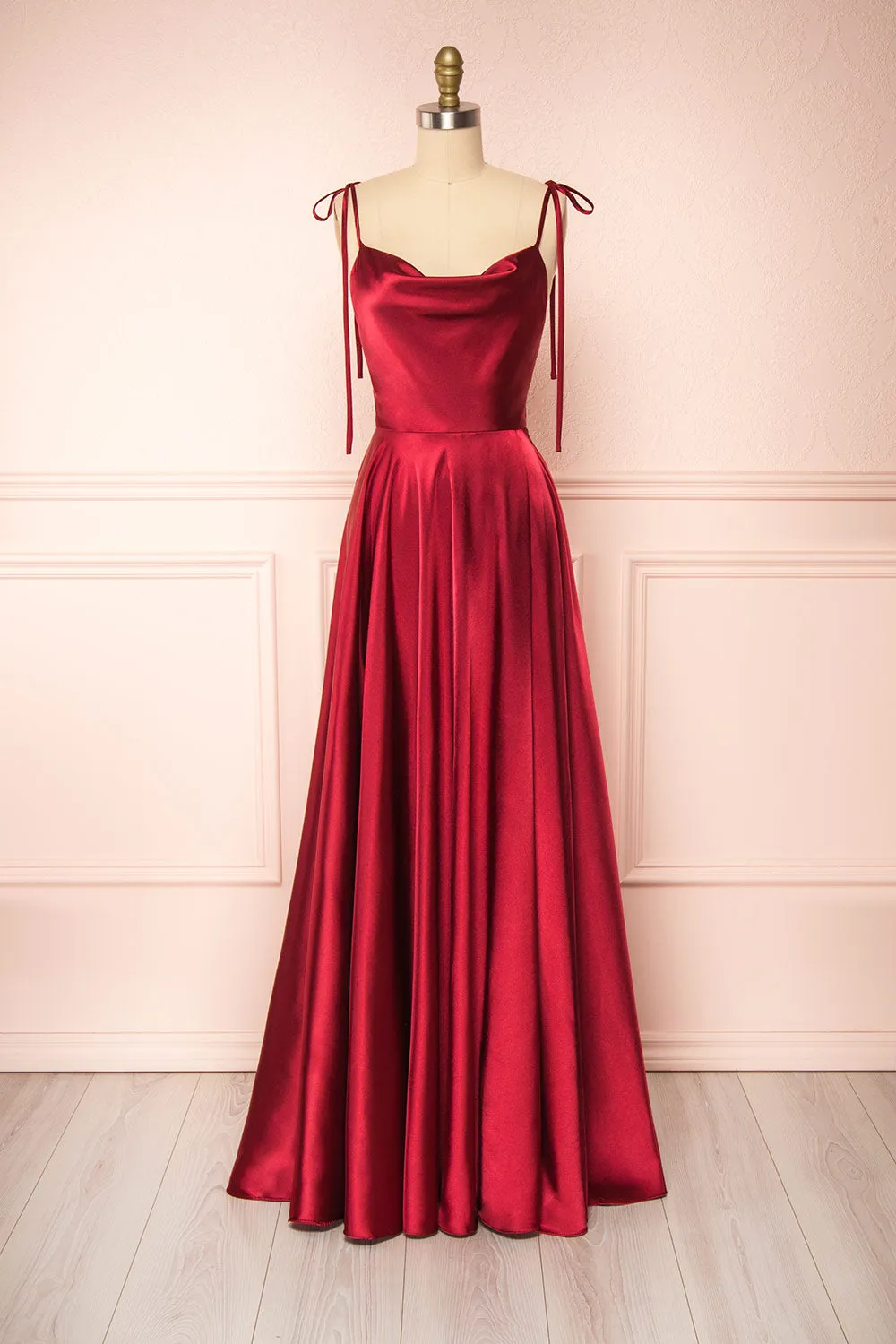 Moira Burgundy | Cowl Neck Satin Maxi Dress w/ High Slit sold by Boutique 1861