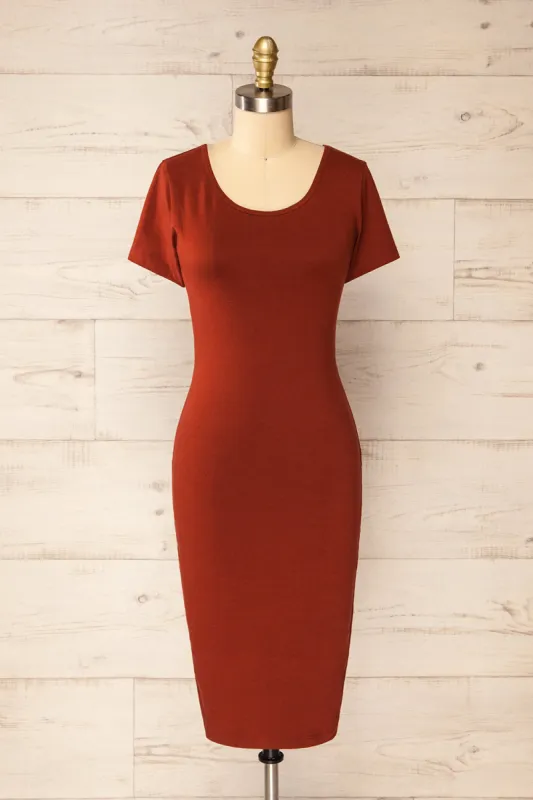 Athens Rust | Short Sleeve Fitted Midi Dress sold by Boutique 1861