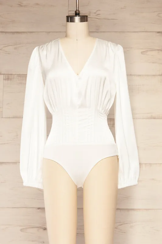 Octeville | White Satin Bodysuit w/ Pleated Detail sold by Boutique 1861
