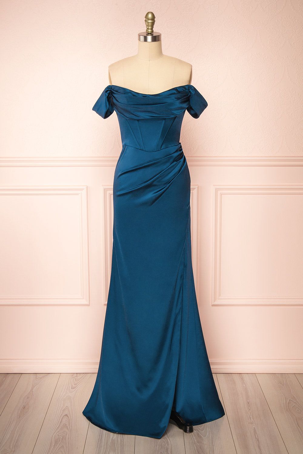 Evolet Navy | Off-Shoulder Corset Maxi Dress sold by Boutique 1861
