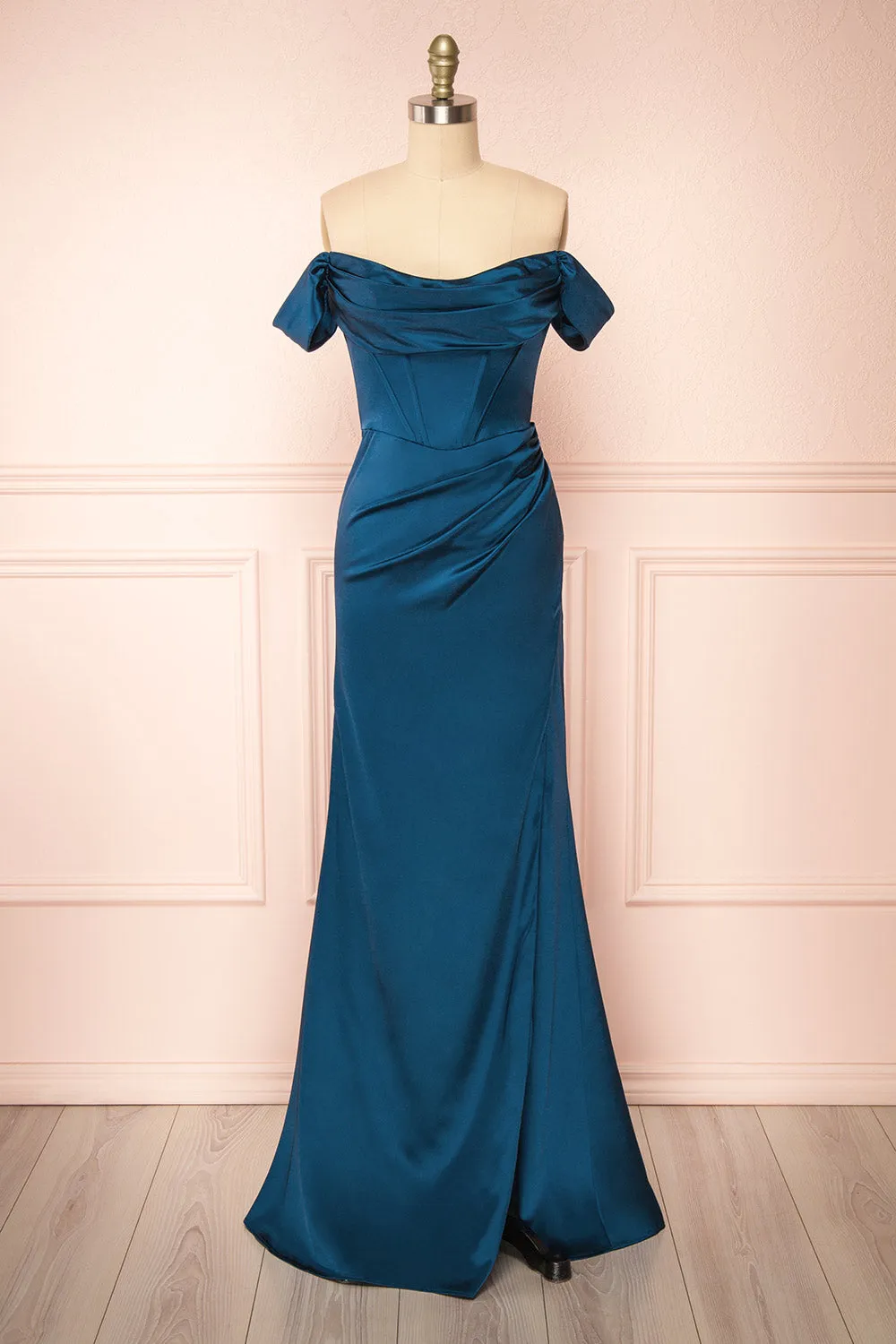 Evolet Navy | Off-Shoulder Corset Maxi Dress sold by Boutique 1861