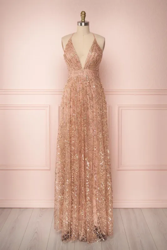 Tyffen | Pink & Gold Sequin Maxi Dress sold by Boutique 1861