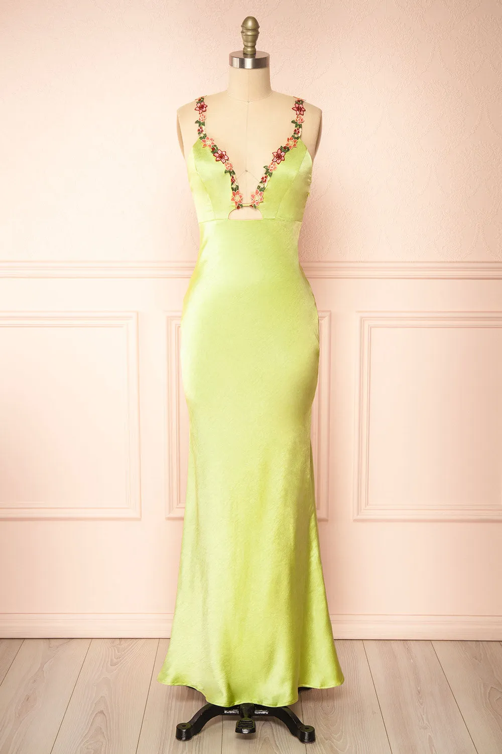 Envya Green | Satin Maxi Dress w/ Floral Embroidery sold by Boutique 1861