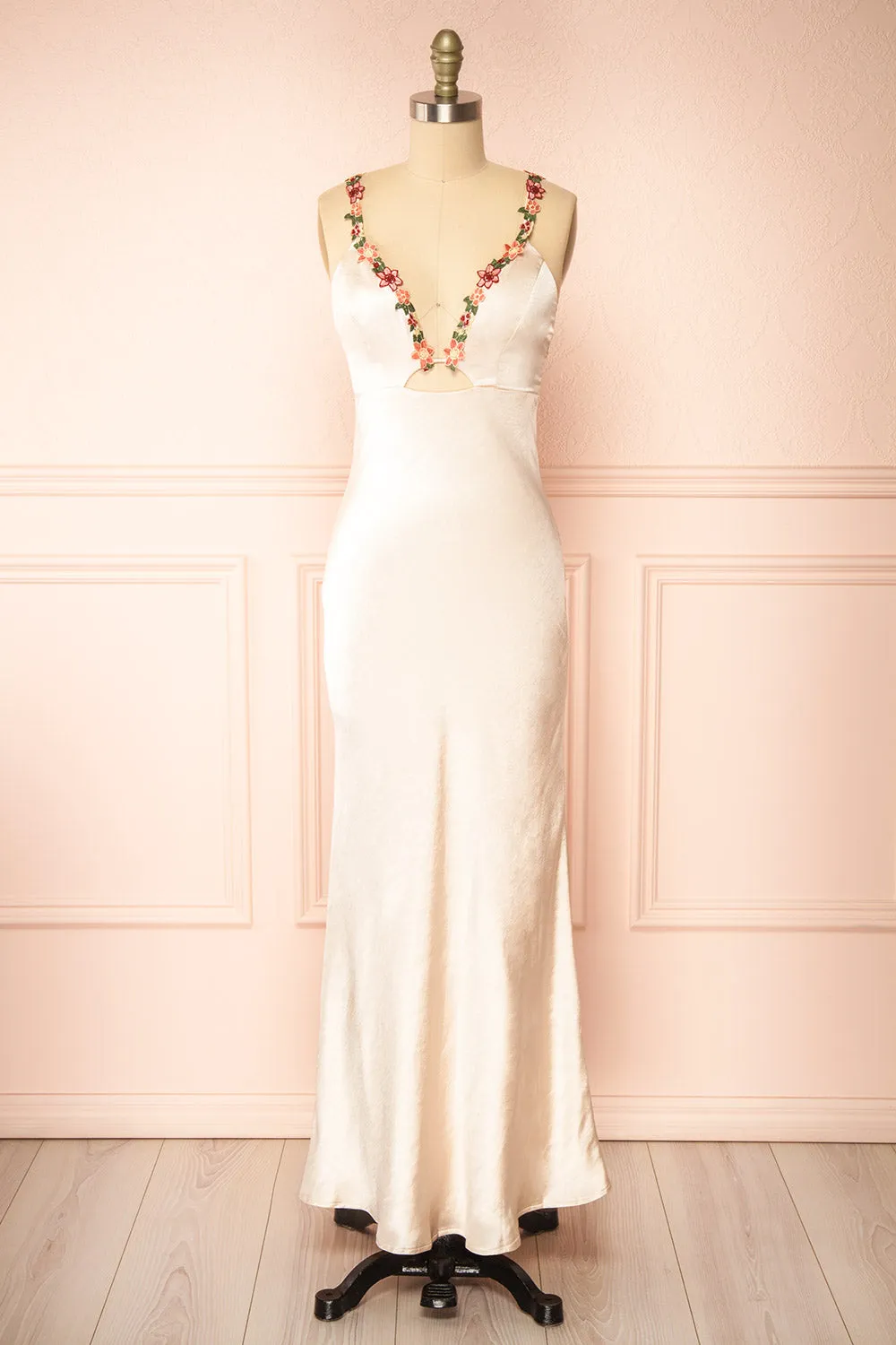 Envya Champagne | Satin Maxi Dress w/ Floral Embroidery sold by Boutique 1861