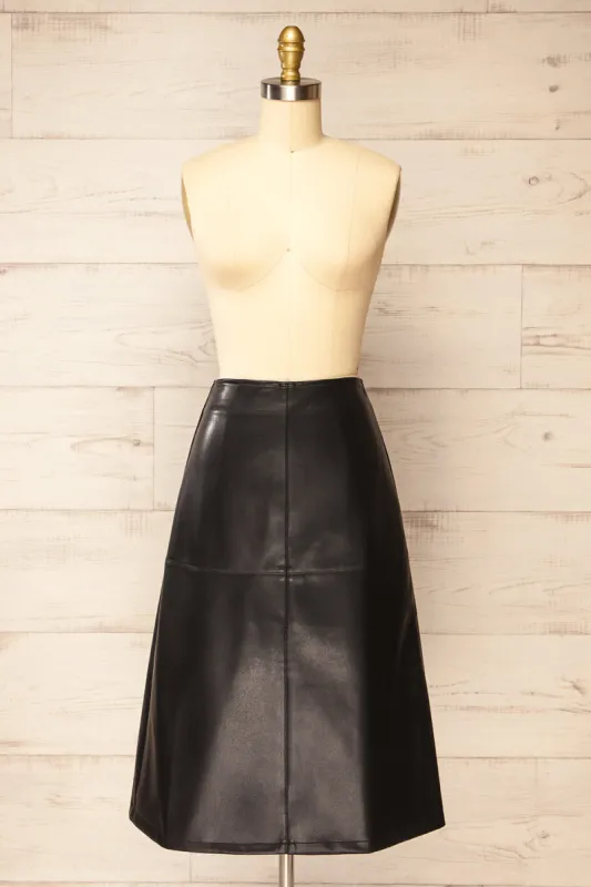Walachia | Black Faux-Leather Midi Skirt sold by Boutique 1861