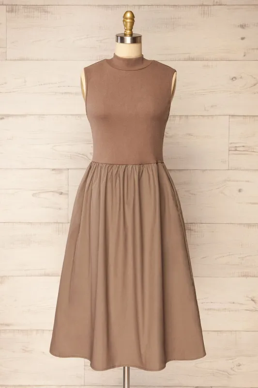 Frell Taupe | Midi Dress w/ Mock Neck sold by Boutique 1861