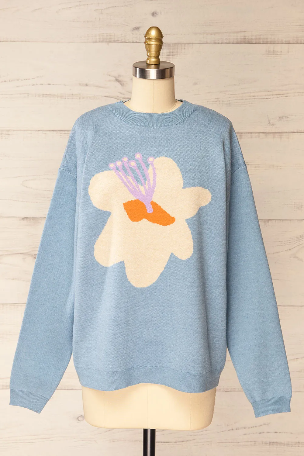 Rambouillet | Blue Knit Crewneck w/ Flower Detail sold by Boutique 1861