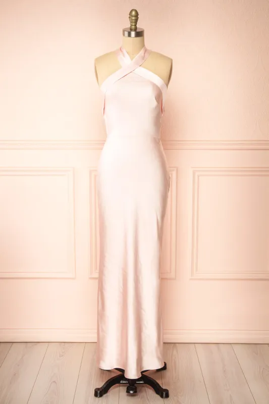 Ladulcina | Pink Satin Maxi Halter Dress sold by Boutique 1861
