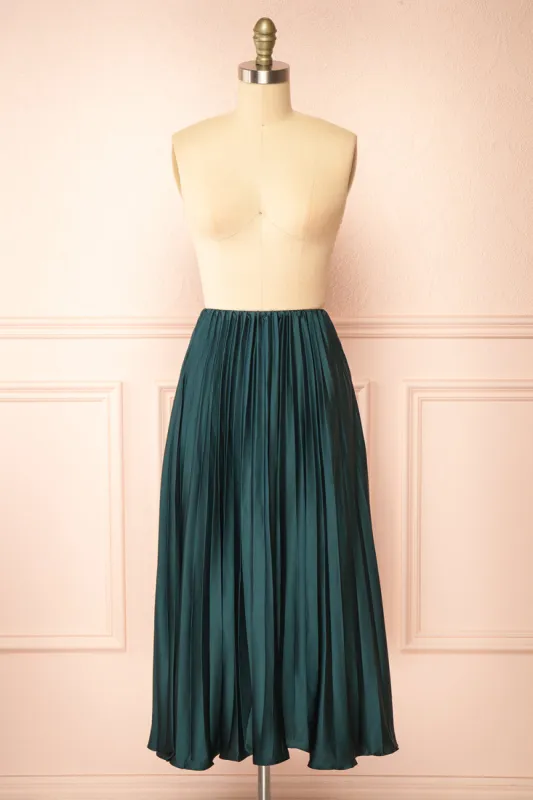 Mirys Green | Pleated Satin Midi Skirt sold by Boutique 1861