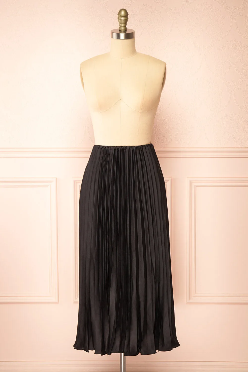 Mirys Black | Pleated Satin Midi Skirt sold by Boutique 1861