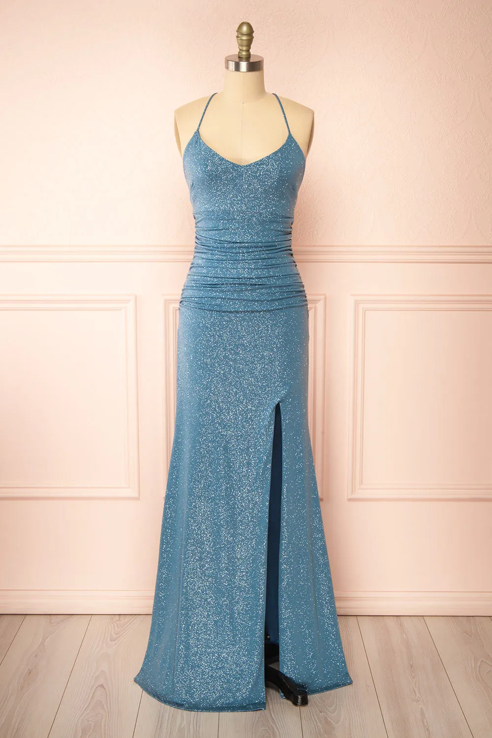 Samira Blue Grey | Sparkly Mermaid Maxi Dress with Slit sold by Boutique 1861