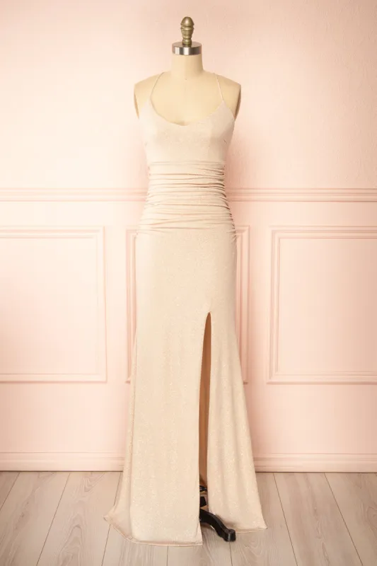 Samira Champagne | Sparkly Mermaid Maxi Dress w/ Slit sold by Boutique 1861