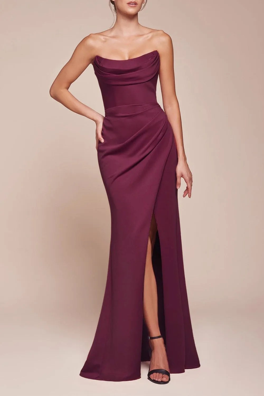 Ailsa Burgundy | Strapless Gown with High Slit sold by Boutique 1861 product image thumbnail 2