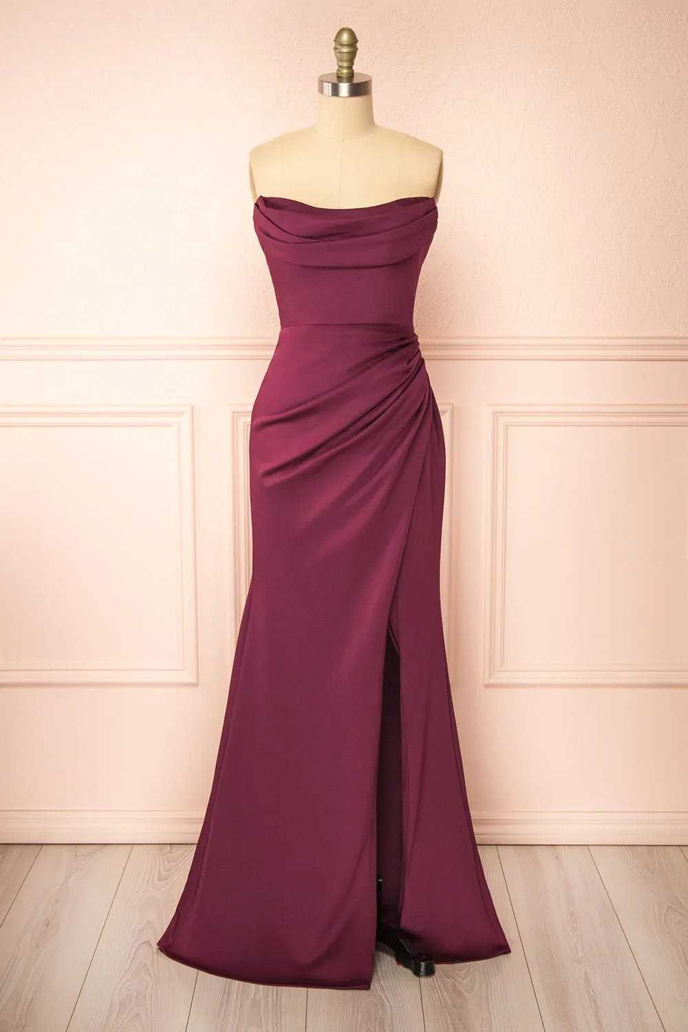 Ailsa Burgundy | Strapless Gown with High Slit sold by Boutique 1861