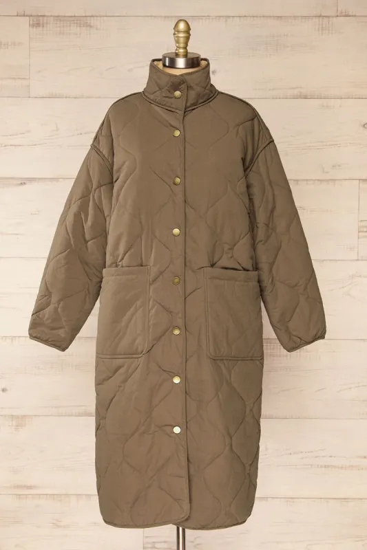 Quelimane | Long Quilted Khaki Coat sold by Boutique 1861