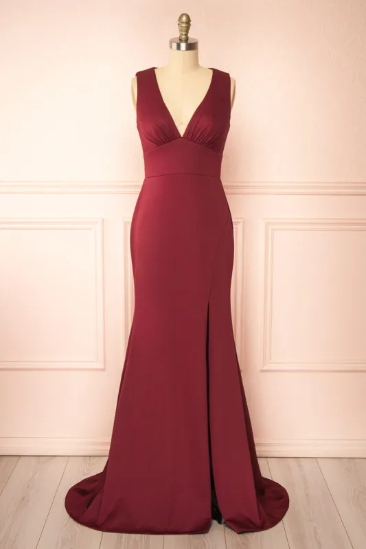 Diaz Burgundy | Maxi Dress with Train sold by Boutique 1861