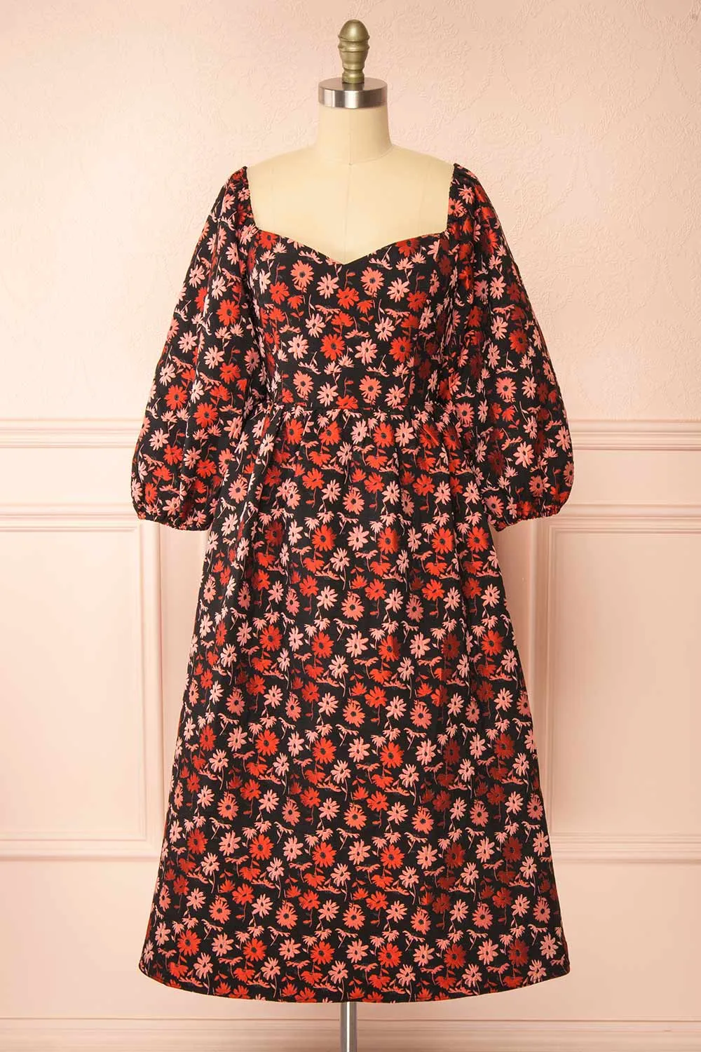 Inarea | Midi Black Floral Dress w/ Puffy Sleeves sold by Boutique 1861