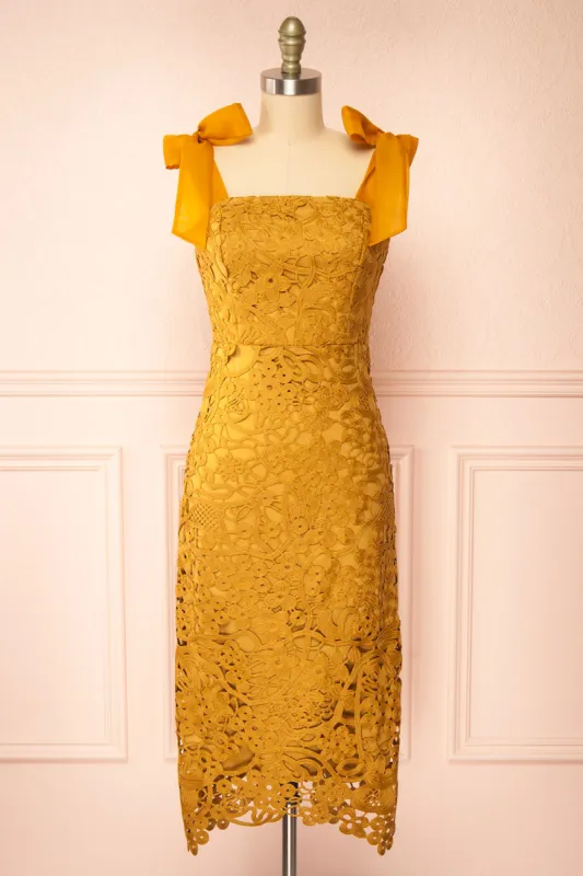 Zelly | Fitted Midi Mustard Crocheted Lace Dress sold by Boutique 1861