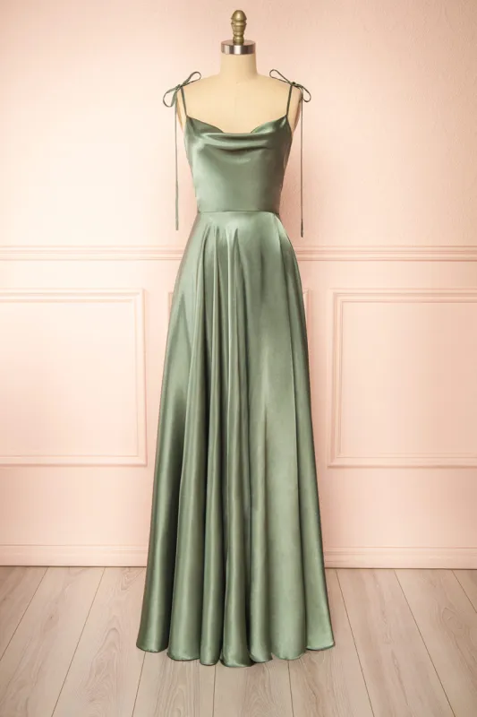 Moira Khaki | Cowl Neck Satin Maxi Dress with High Slit sold by Boutique 1861