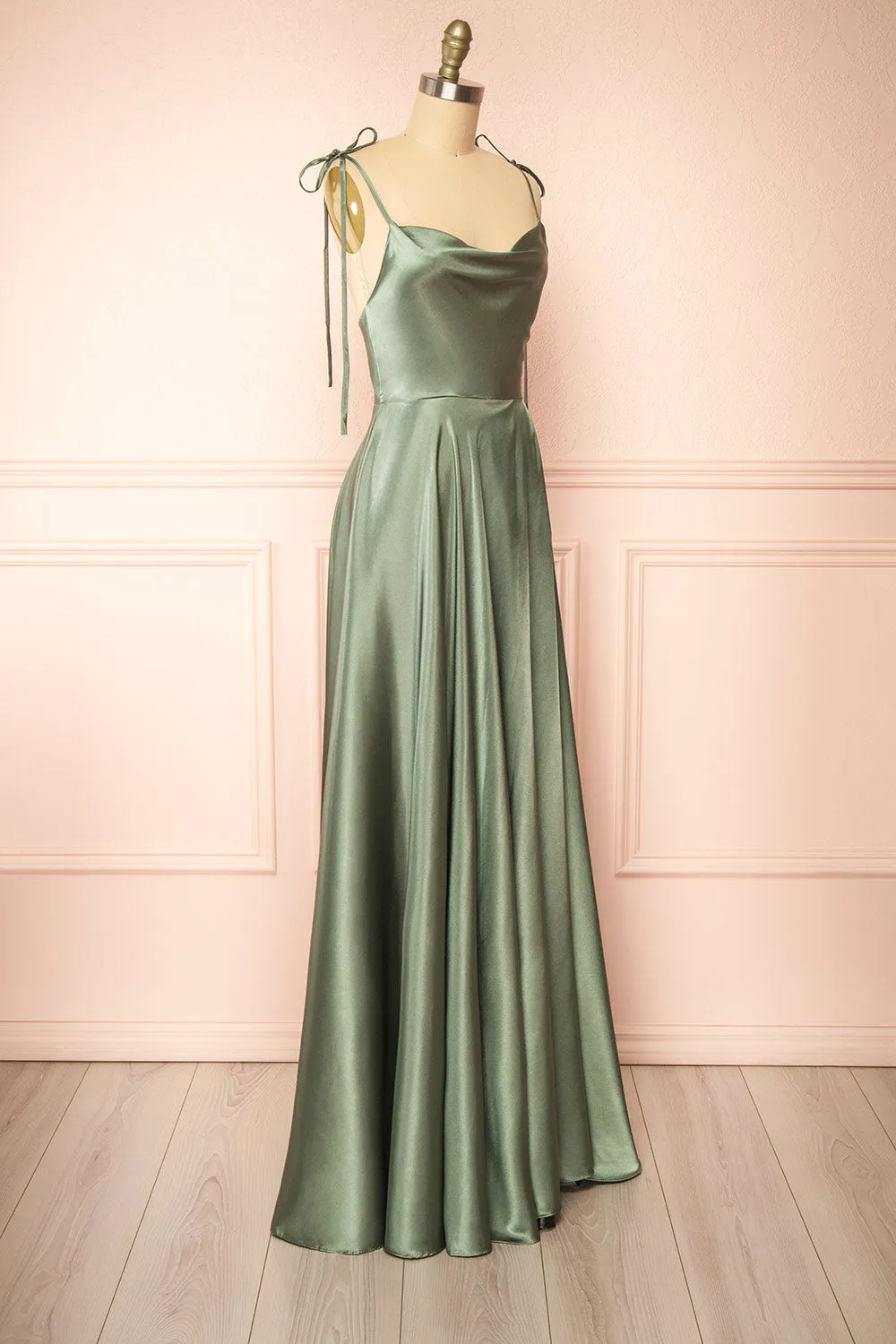 Moira Khaki | Cowl Neck Satin Maxi Dress with High Slit sold by Boutique 1861 product image thumbnail 3