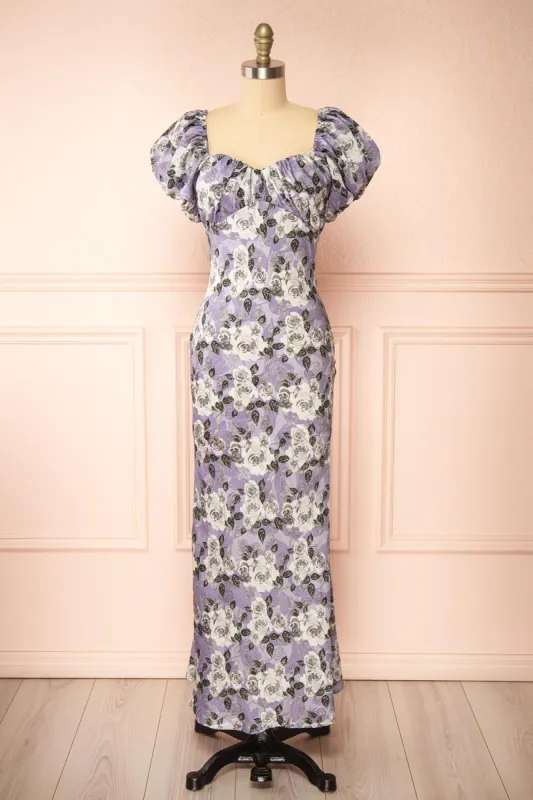 Rhosyn Lavender | Floral Satin Maxi Dress sold by Boutique 1861
