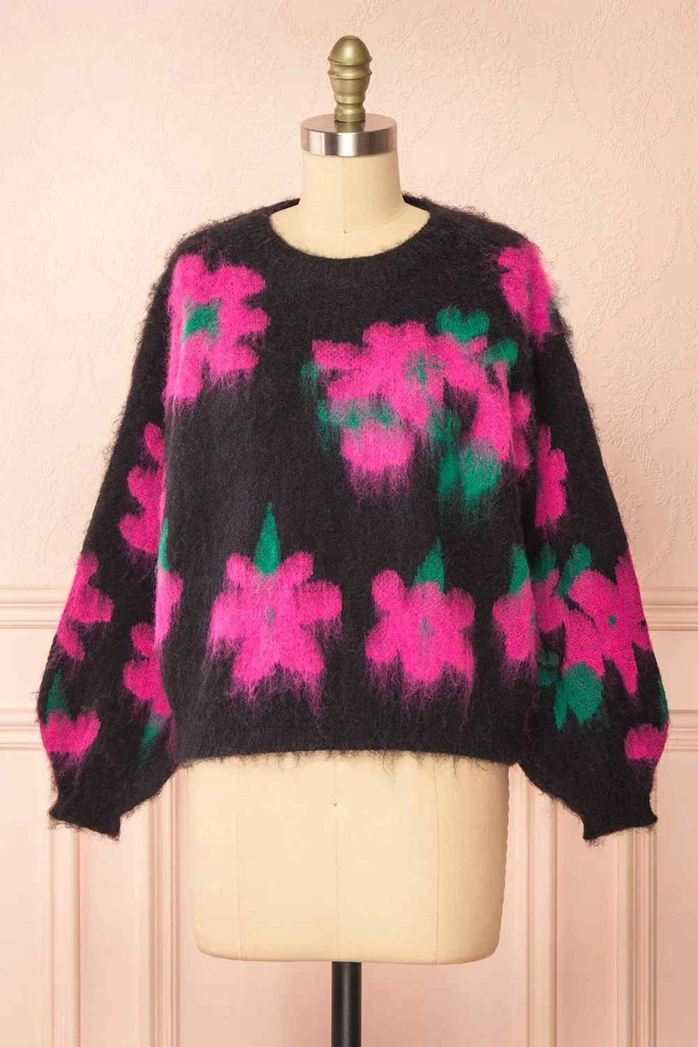 Tabatha | Fuzzy Black Floral Sweater sold by Boutique 1861
