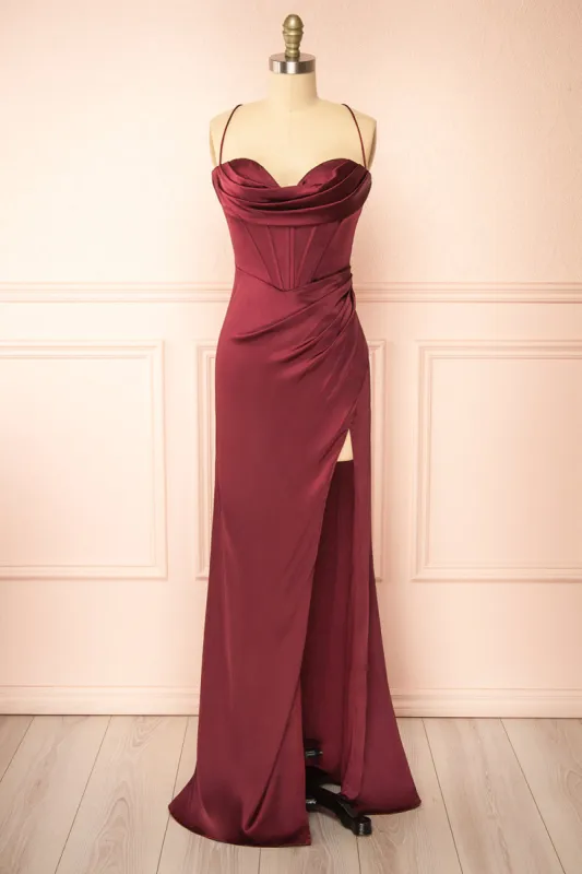 Kesha Burgundy | Corset Cowl Neck Maxi Dress sold by Boutique 1861