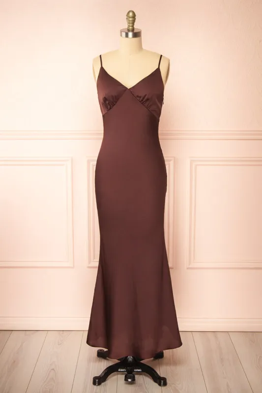 Edna | Brown Maxi Satin Dress w/ Open Back sold by Boutique 1861