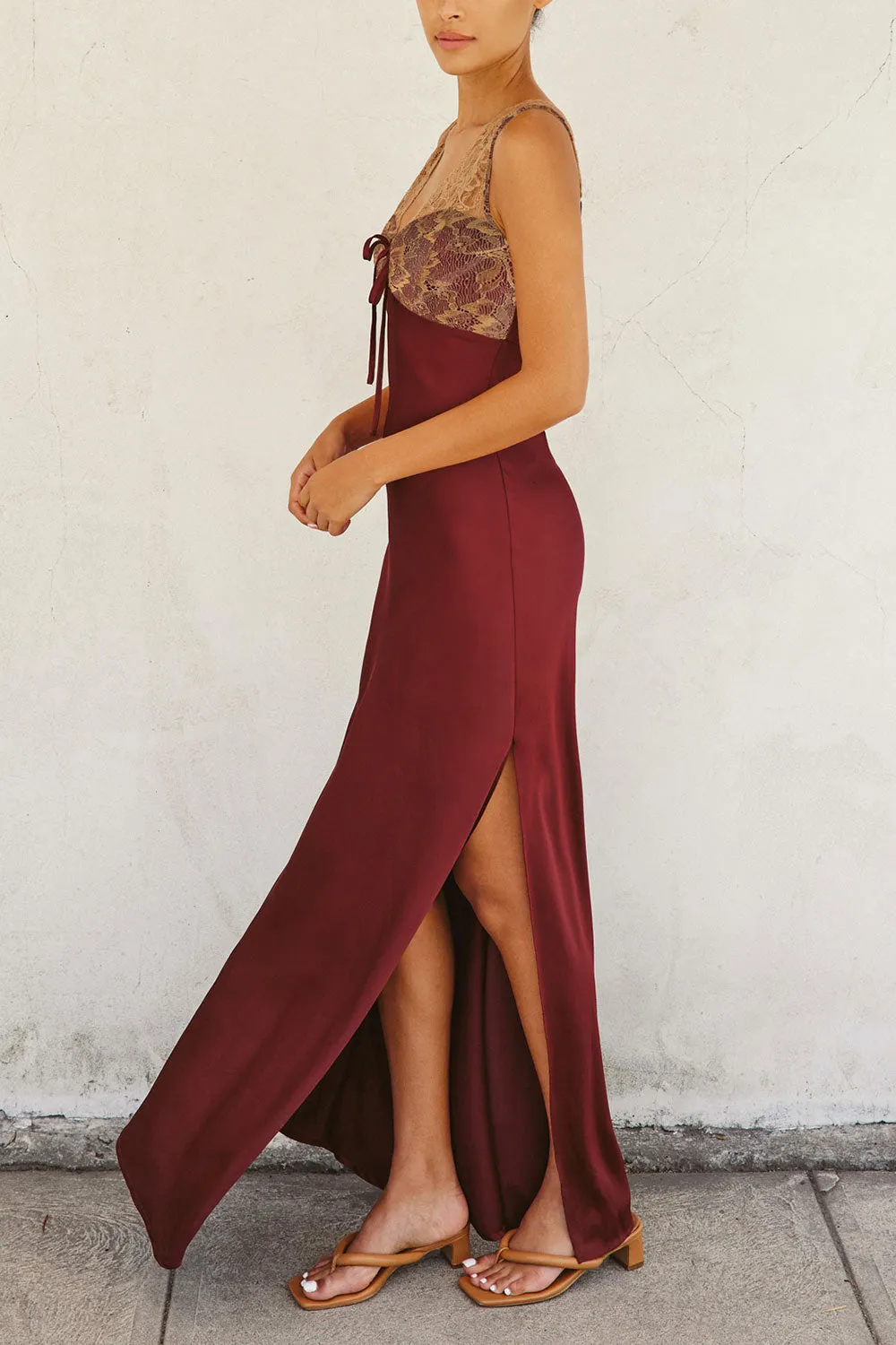 Evara Burgundy | Maxi Satin Slip Dress with Lace sold by Boutique 1861 product image thumbnail 2