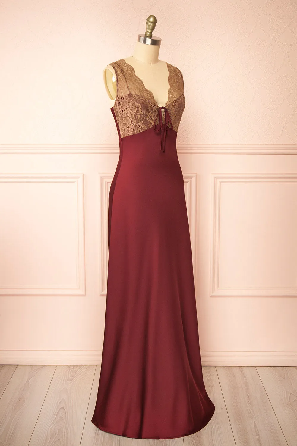 Evara Burgundy | Maxi Satin Slip Dress with Lace sold by Boutique 1861 product image thumbnail 4