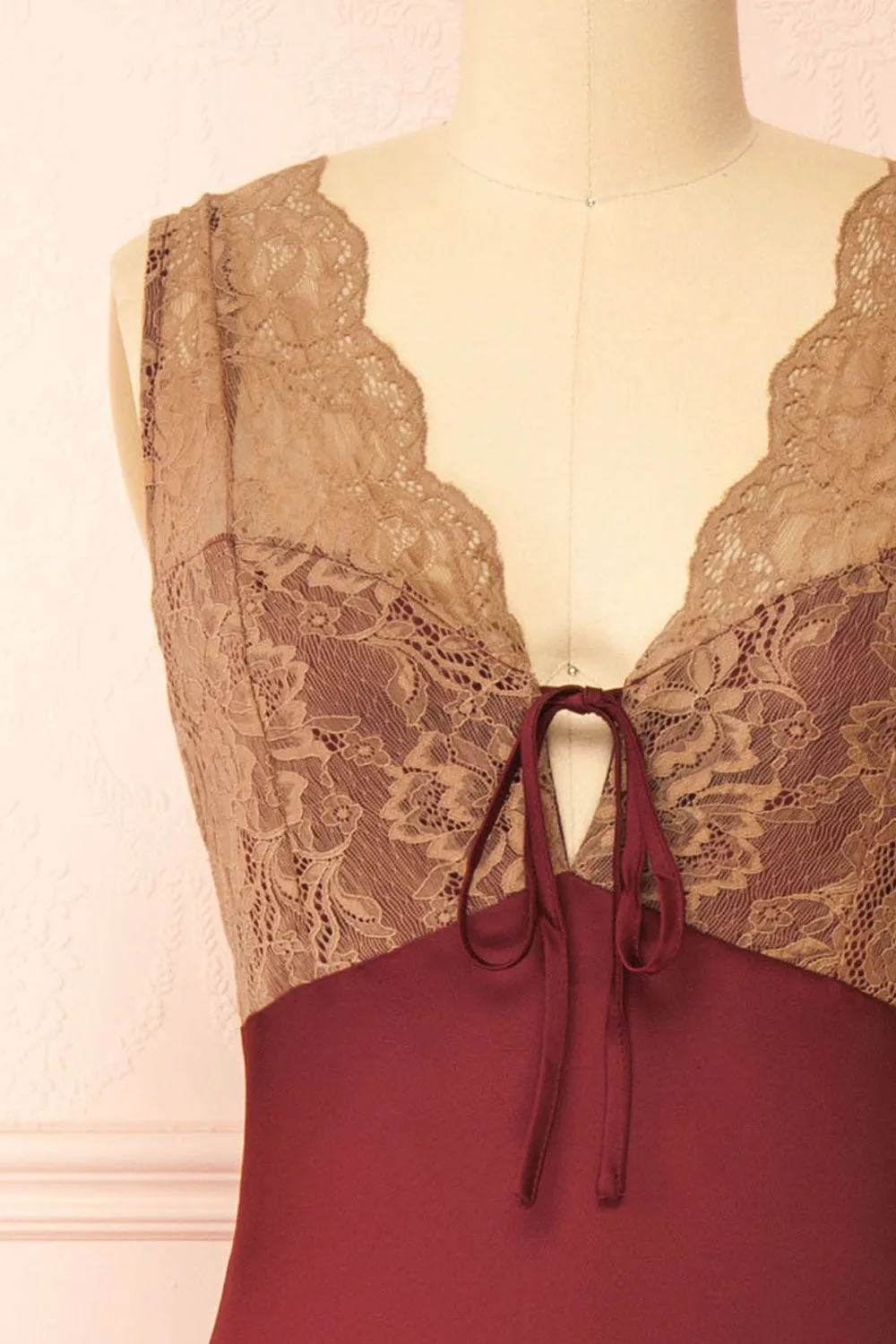 Evara Burgundy | Maxi Satin Slip Dress with Lace sold by Boutique 1861 product image thumbnail 3