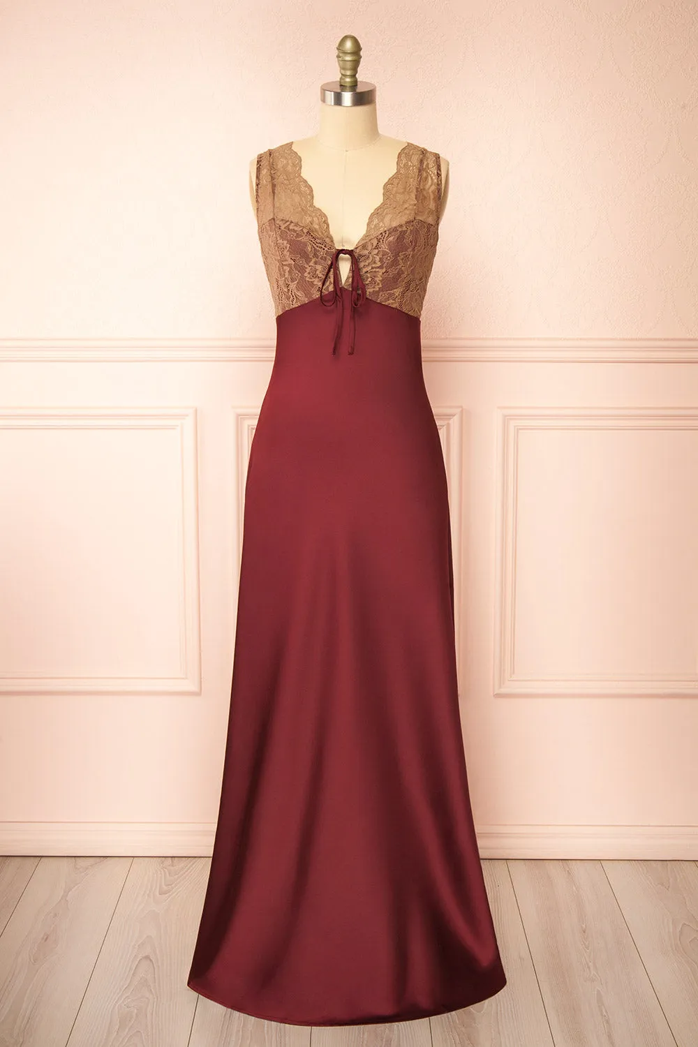 Evara Burgundy | Maxi Satin Slip Dress with Lace sold by Boutique 1861