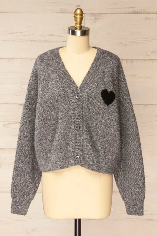 Kardia | Grey Knit Cardigan w/ Black Heart sold by Boutique 1861