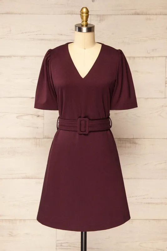 Bangkok Burgundy | Short A-Line Dress w/ Belt sold by Boutique 1861