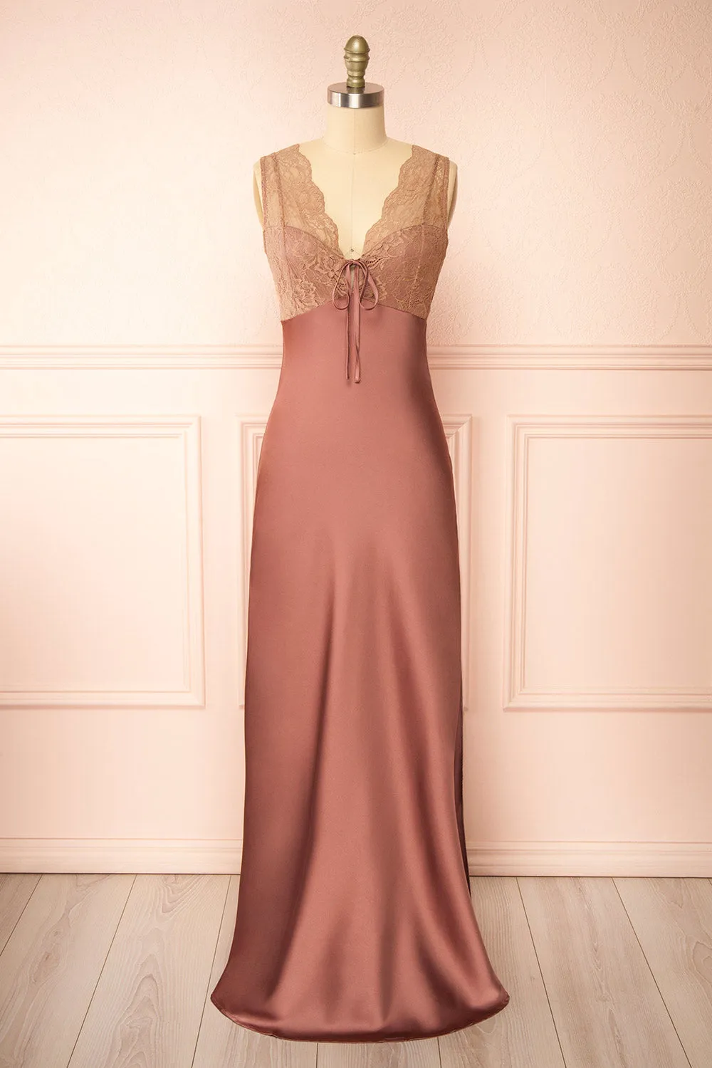 Evara Mauve | Maxi Satin Slip Dress w/ Lace sold by Boutique 1861