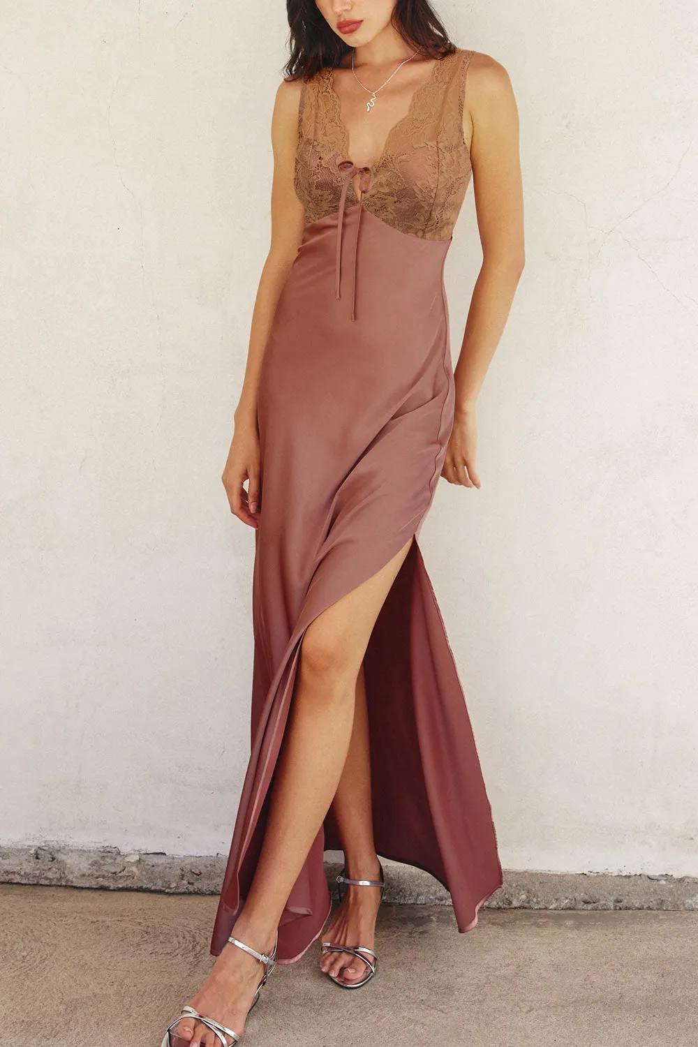Evara Mauve | Maxi Satin Slip Dress w/ Lace sold by Boutique 1861 product image thumbnail 2