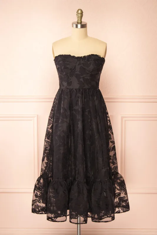 Arhea | Black Bustier Floral Midi Dress sold by Boutique 1861