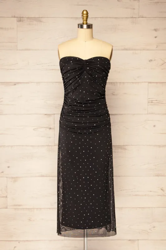 Ensenada | Black Fitted Ruched Midi Dress w/ Crystals sold by Boutique 1861