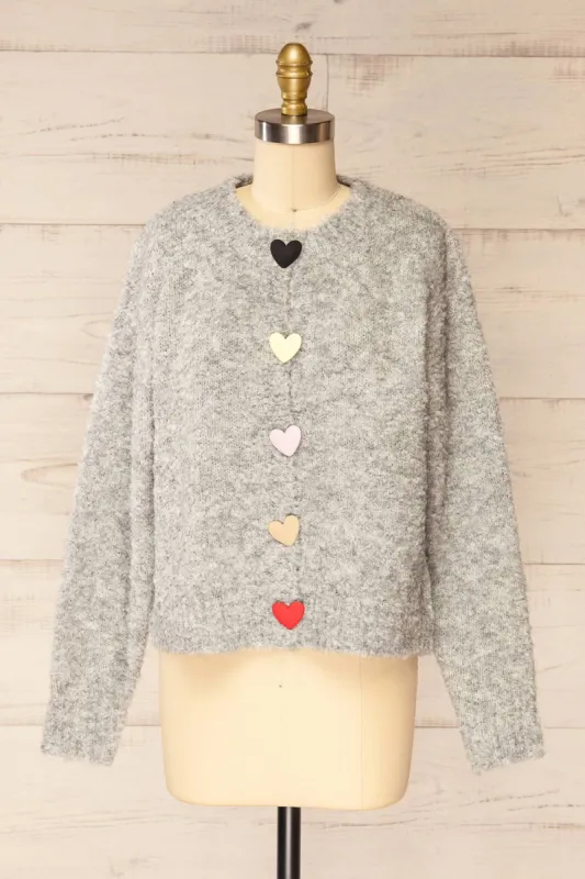 Sitia Grey | Knit Cardigan with Heart Shaped Buttons sold by Boutique 1861