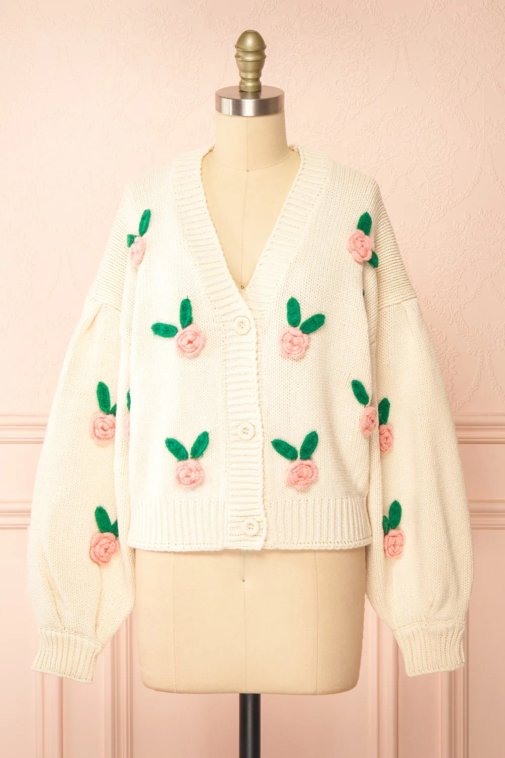 Annalee | Beige Knit Cardigan wih 3D Flowers sold by Boutique 1861