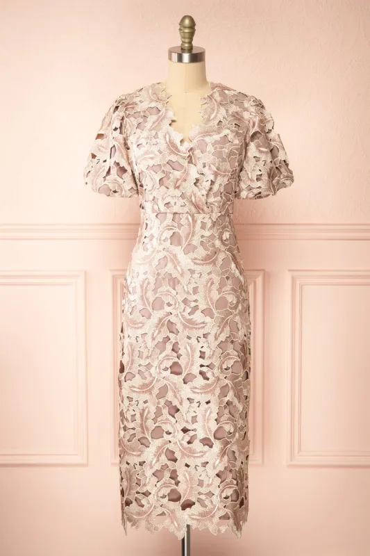 Rolande | Midi Taupe Openwork Lace Dress sold by Boutique 1861